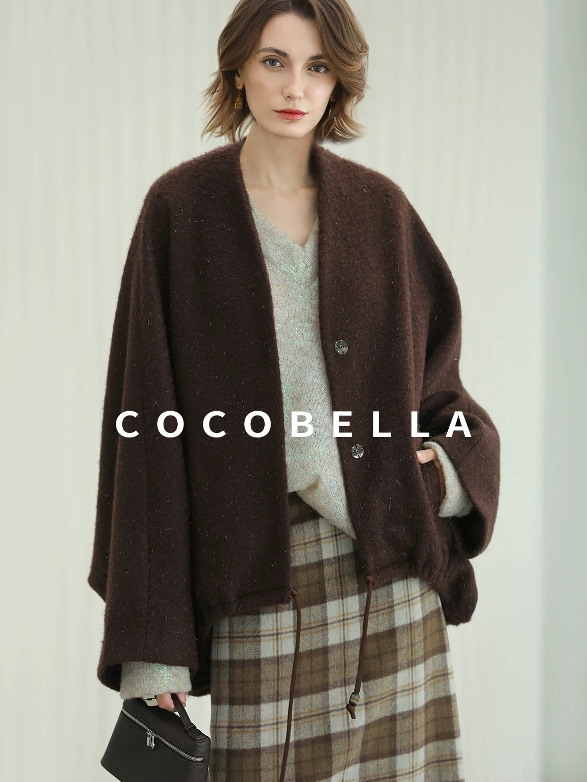 COCOBELLA Subtle Shimmer Wool Loose Fit Batwing Sleeve V Neck Ladylike Commuter Coats