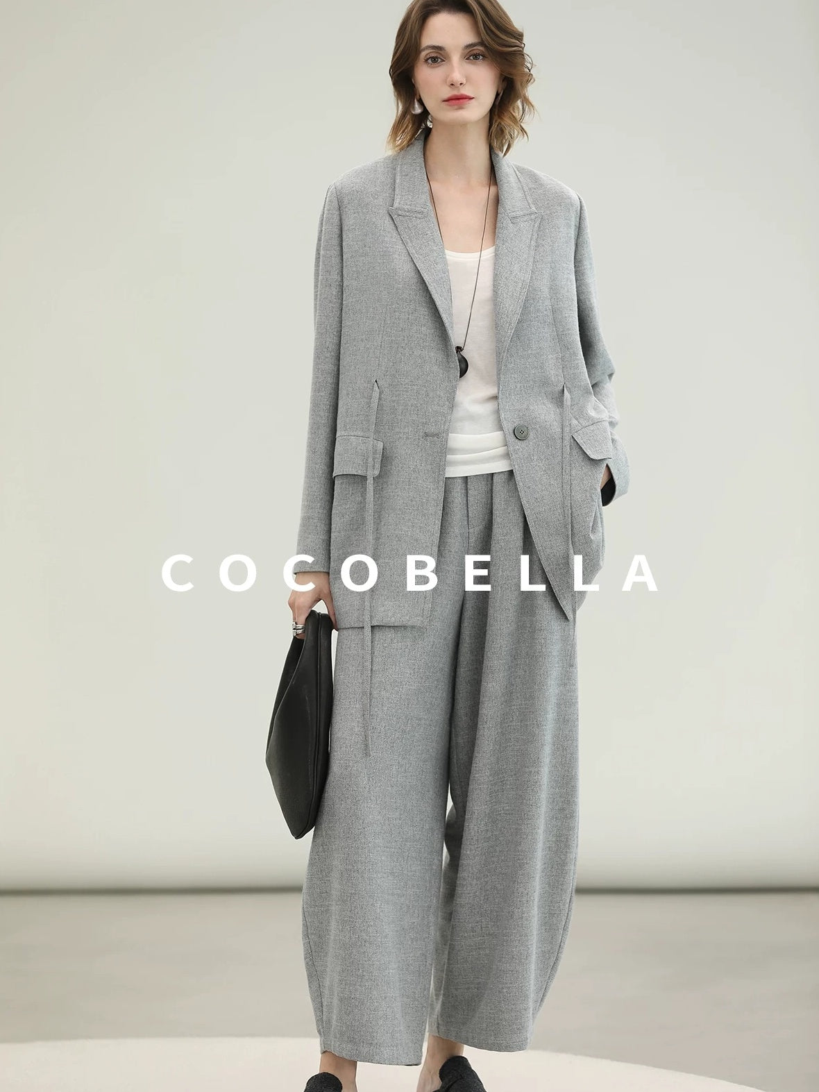 COCOBELLA Tailored Single Button Straight Midlength Notch Lapel Women Pockets Grey Blazers