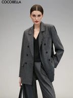 COCOBELLA Tailored Wool Blend Double Breasted Houndstooth Straight Fit Office Blazers