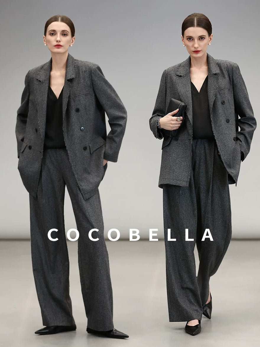 COCOBELLA Tailored Wool Blend Double Breasted Houndstooth Straight Fit Office Blazers