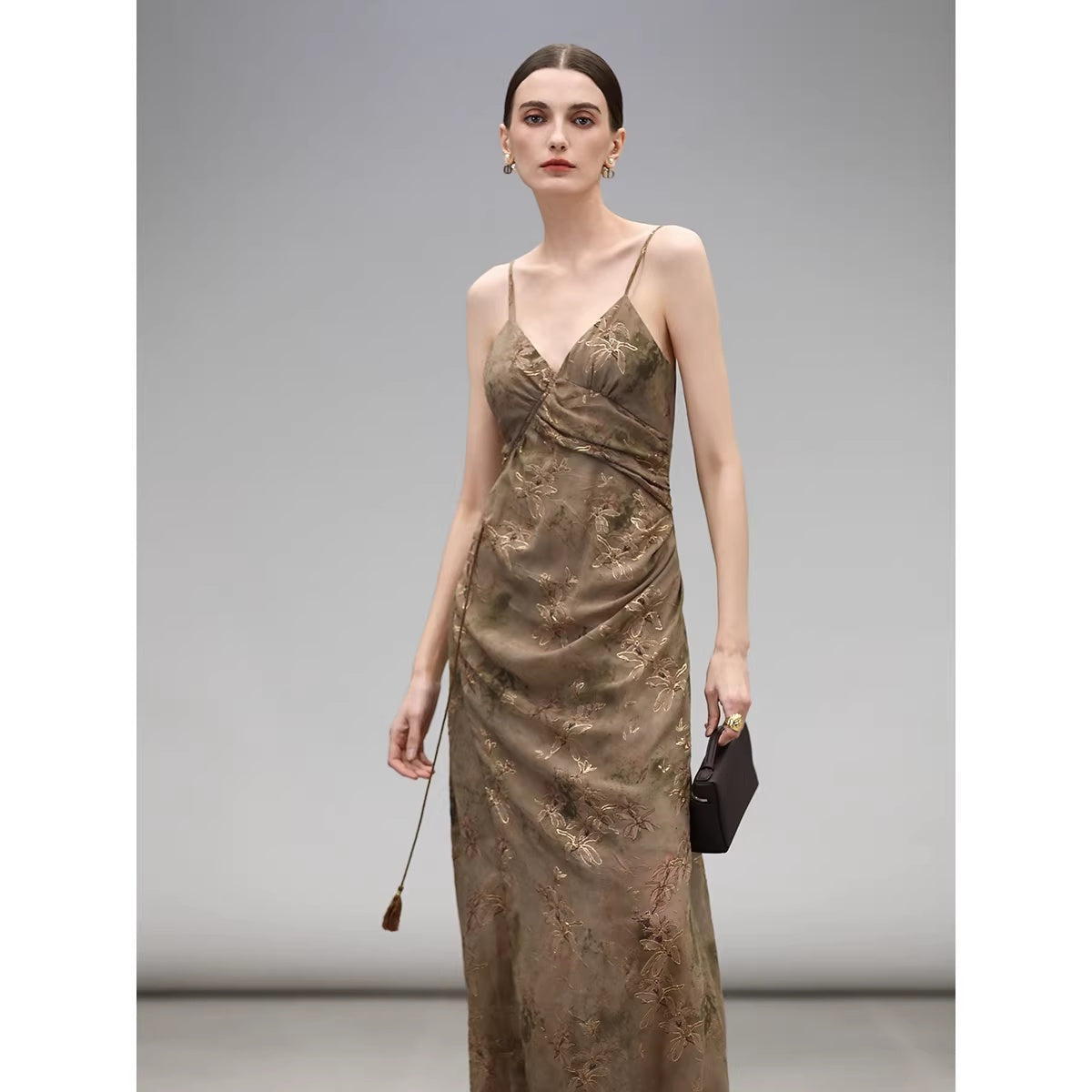 COCOBELLA_Tea_Gold_Sequin_Ruched_Asymmetric_V_Neck_Cinched_Waist_Workwear_Slip_Dresses_MISSTT