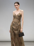 COCOBELLA Tea Gold Sequin Ruched Asymmetric V Neck Cinched Waist Workwear Slip Dresses