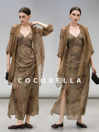 COCOBELLA Tea Gold Sequin Ruched Asymmetric V Neck Cinched Waist Workwear Slip Dresses