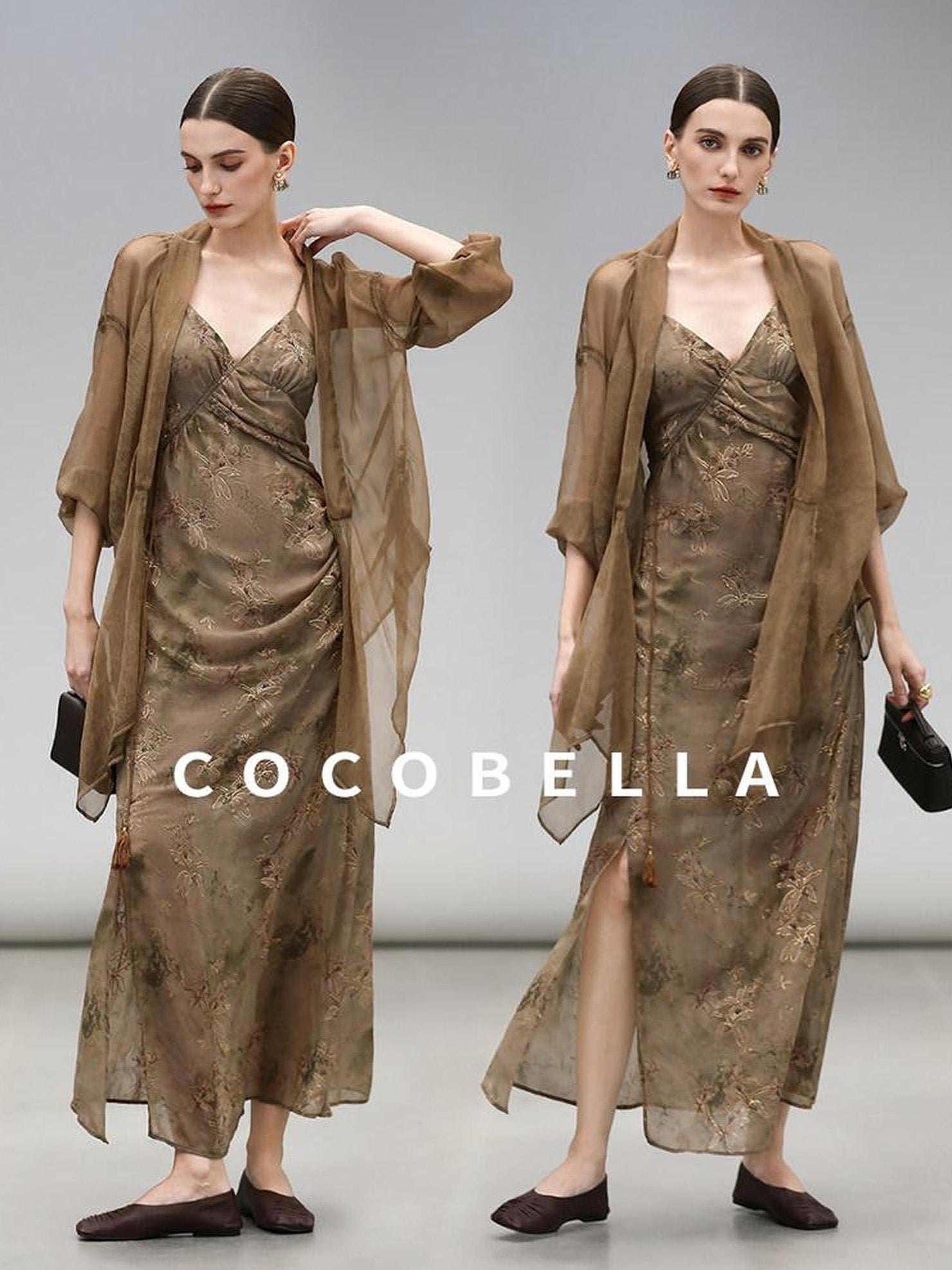COCOBELLA Tea Gold Sequin Ruched Asymmetric V Neck Cinched Waist Workwear Slip Dresses
