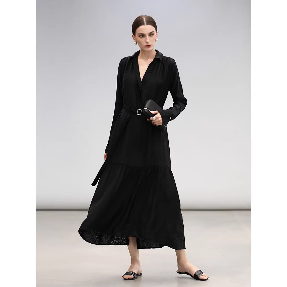 COCOBELLA_Tencel_Blend_Pleated_Belted_A_Line_Shirt_Dress_Women_Office_Long_Sleeve_Shirts_MISSTT