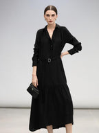 COCOBELLA Tencel Blend Pleated Belted A Line Shirt Dress Women Office Long Sleeve Shirts