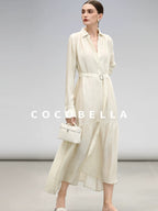COCOBELLA Tencel Blend Pleated Belted A Line Shirt Dress Women Office Long Sleeve Shirts
