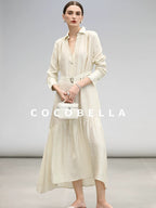 COCOBELLA Tencel Blend Pleated Belted A Line Shirt Dress Women Office Long Sleeve Shirts