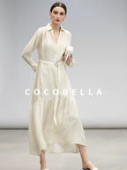 COCOBELLA Tencel Blend Pleated Belted A Line Shirt Dress Women Office Long Sleeve Shirts