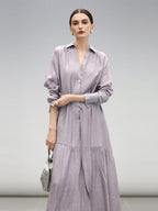 COCOBELLA Tencel Blend Pleated Belted A Line Shirt Dress Women Office Long Sleeve Shirts