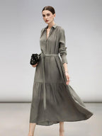 COCOBELLA Tencel Blend Pleated Belted A Line Shirt Dress Women Office Long Sleeve Shirts