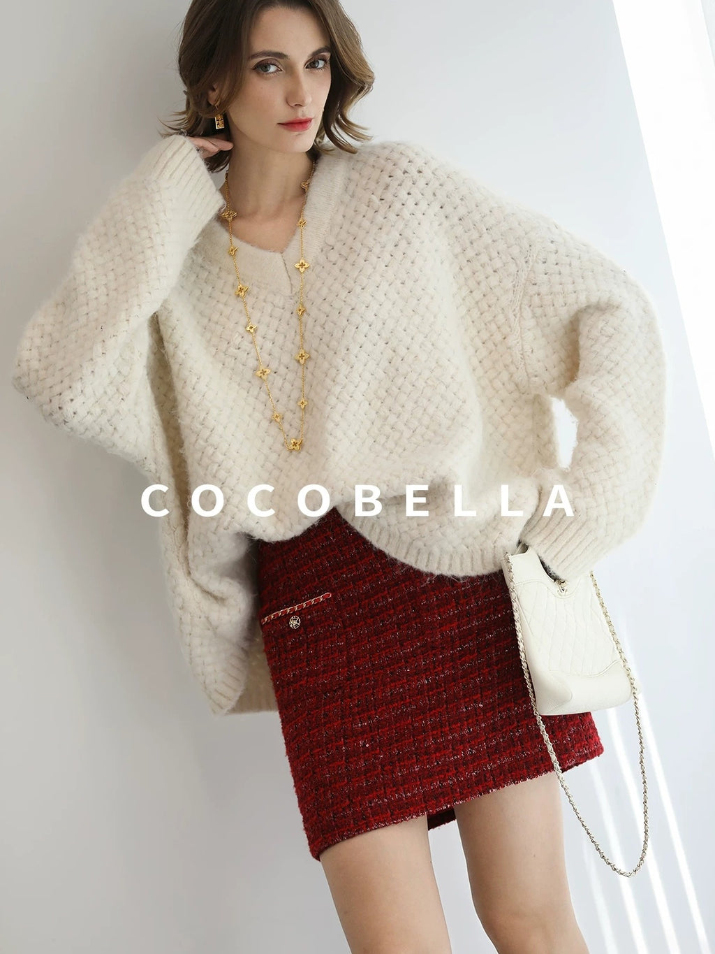COCOBELLA Textured V Neck Loose Fit Office Chic Women Knit Acrylic Blend Sweater