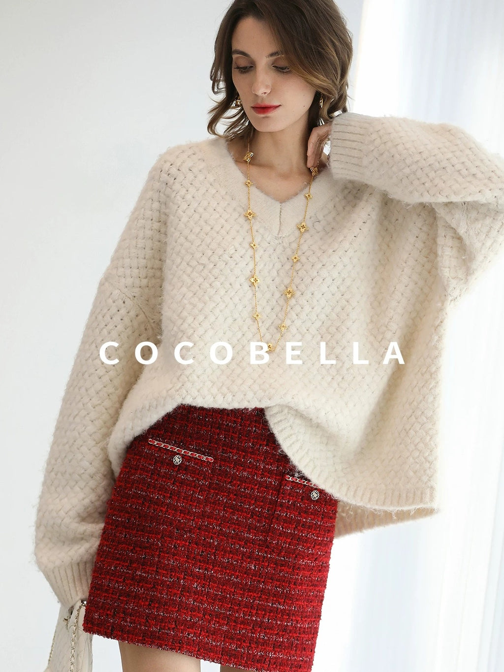 COCOBELLA Textured V Neck Loose Fit Office Chic Women Knit Acrylic Blend Sweater