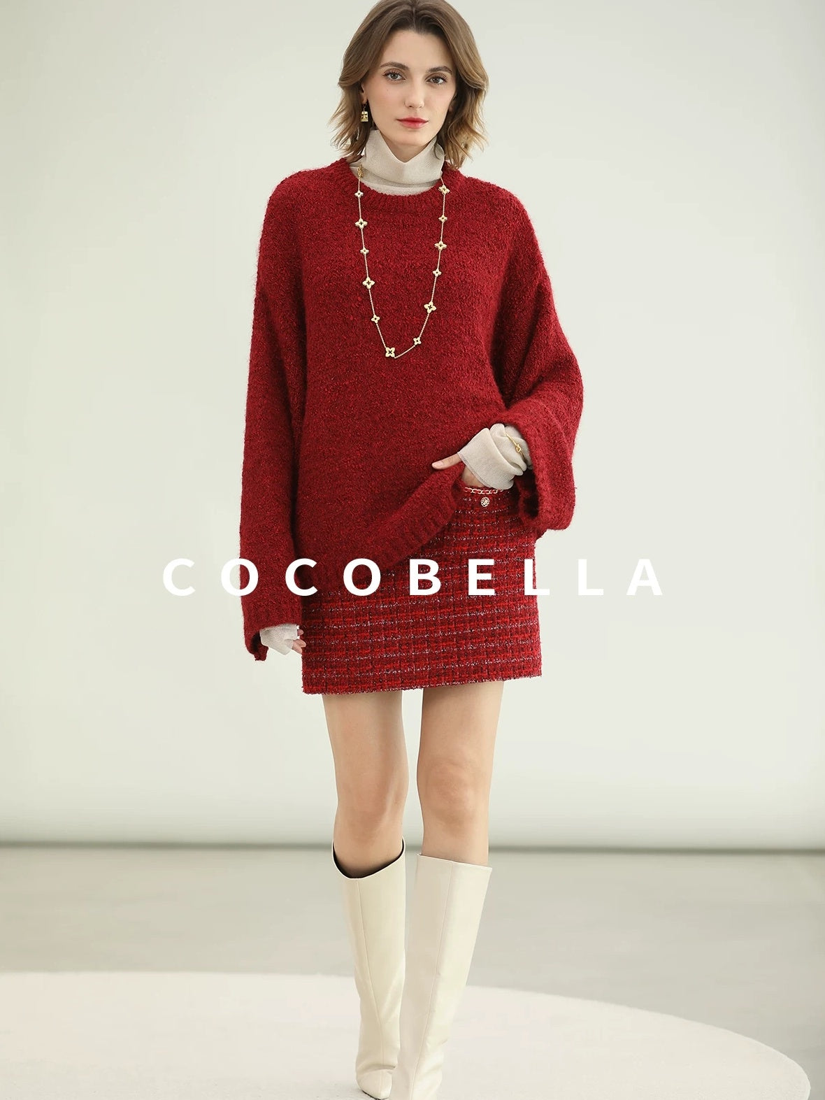 COCOBELLA Thick Cozy Knit Loose Fit Office Round Neck For Women Cherry Red Sweater