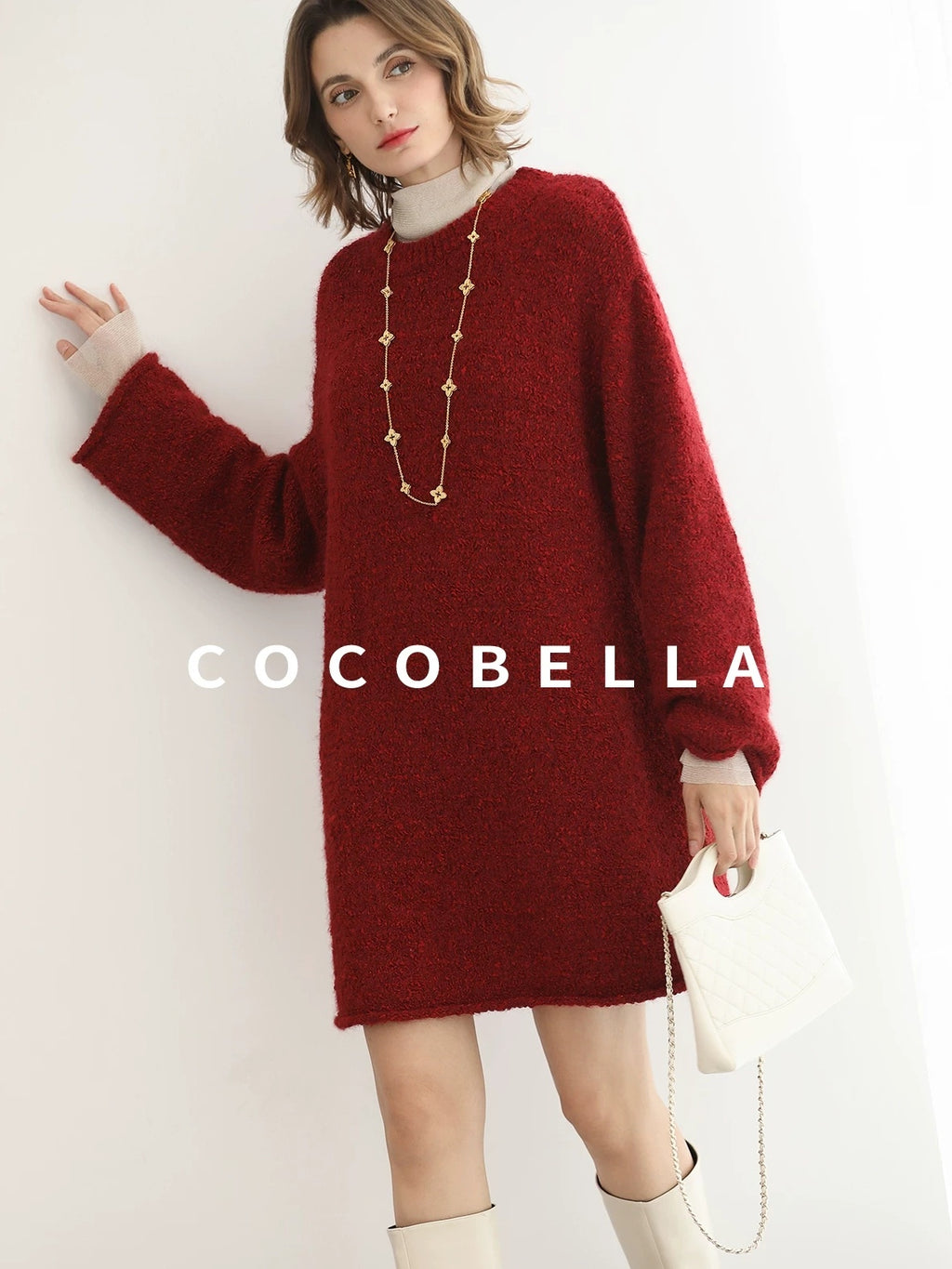 COCOBELLA Thick Cozy Knit Loose Fit Office Round Neck For Women Cherry Red Sweater