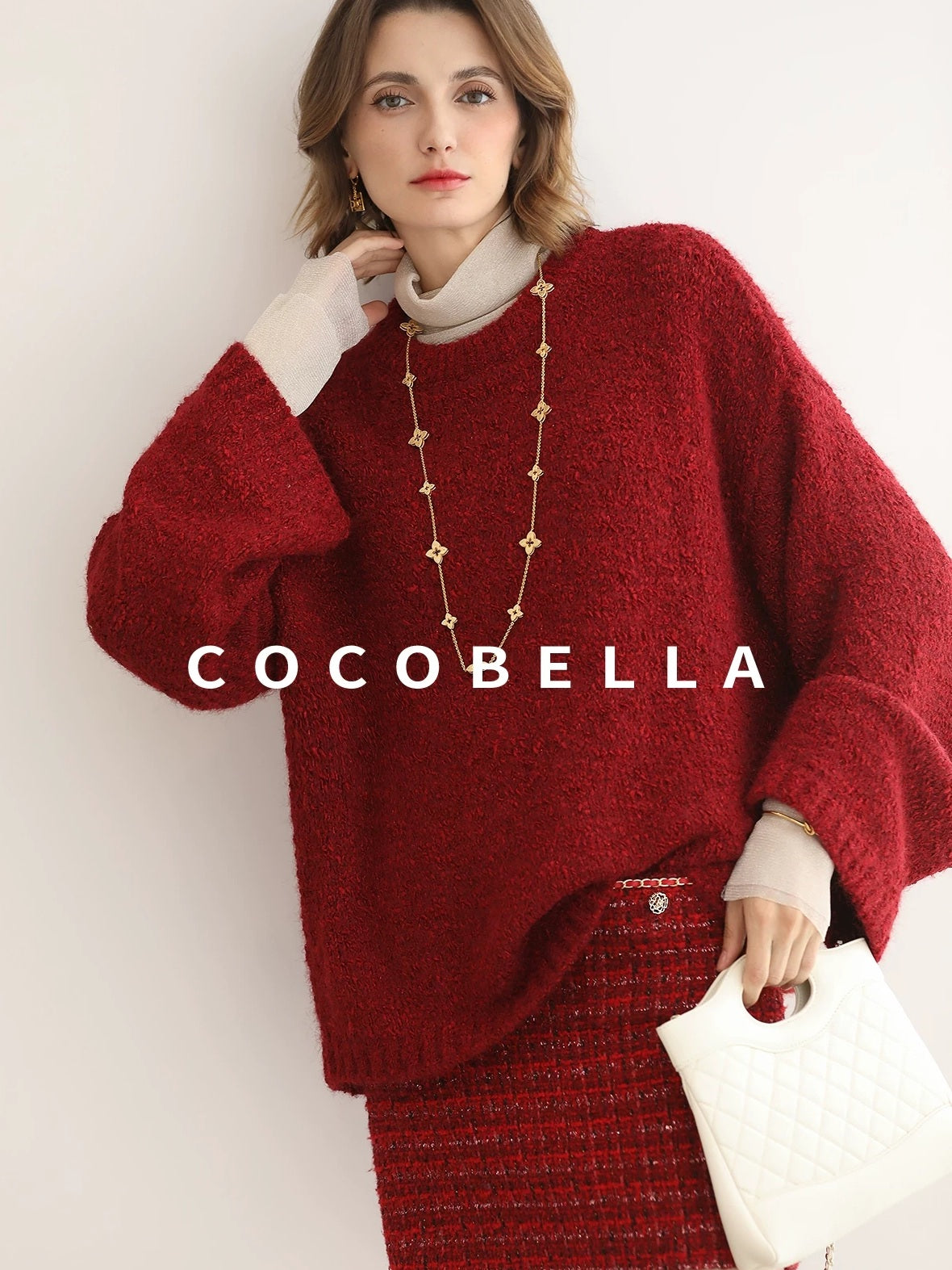 COCOBELLA Thick Cozy Knit Loose Fit Office Round Neck For Women Cherry Red Sweater