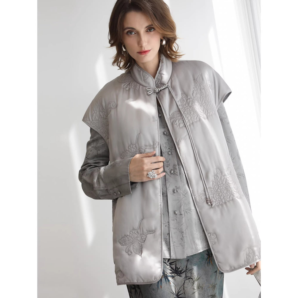 COCOBELLA_Thick_Embroidered_Short_Sleeve_Stand_Collar_Office_Frog_Buttons_Padded_Jackets_MISSTT