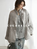 COCOBELLA Thick Embroidered Short Sleeve Stand Collar Office Frog Buttons Padded Jackets