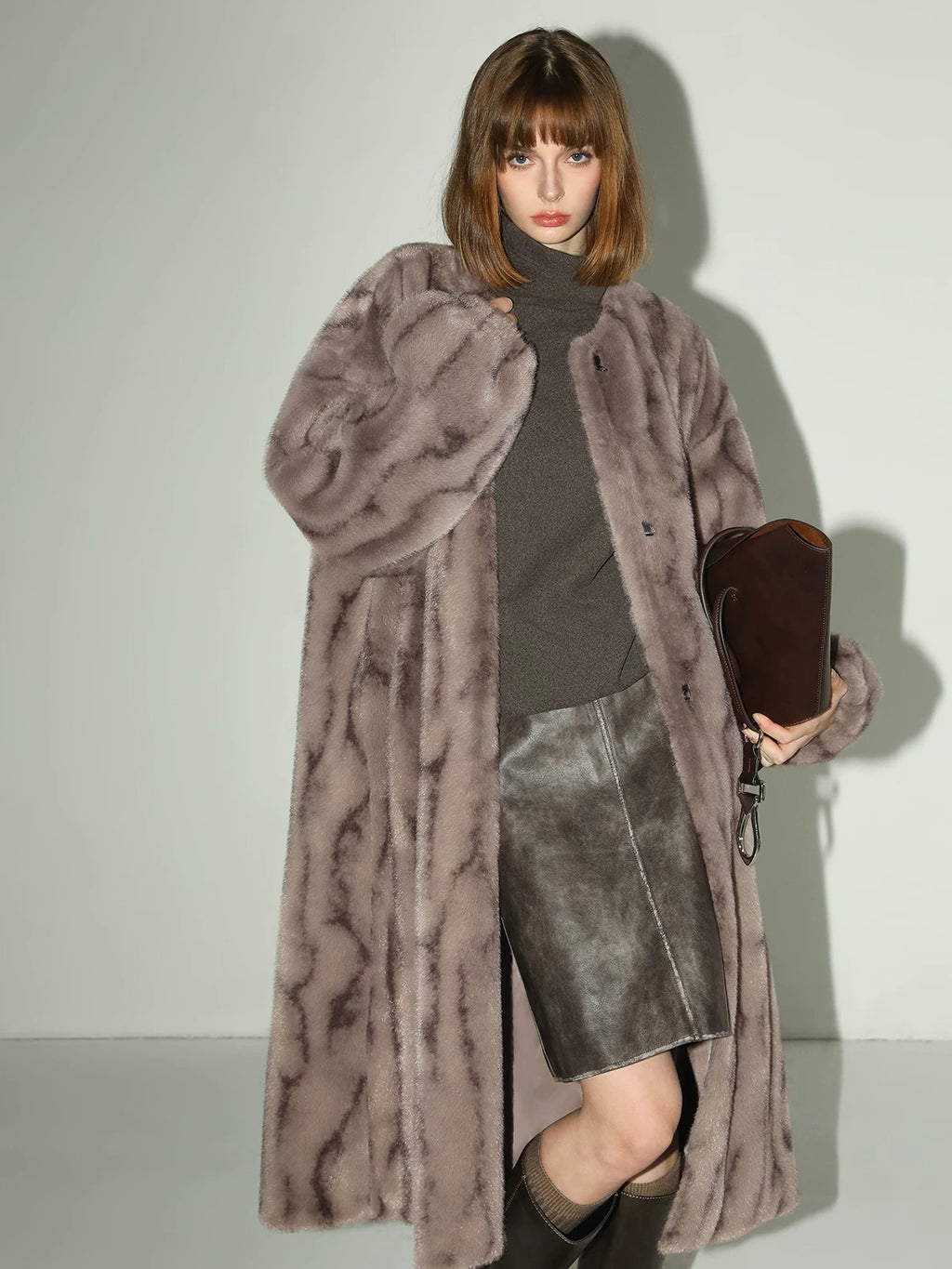 COCOBELLA Thick Faux Fur Longline Loose Fit Round Neck Office Ladies Mink Coats