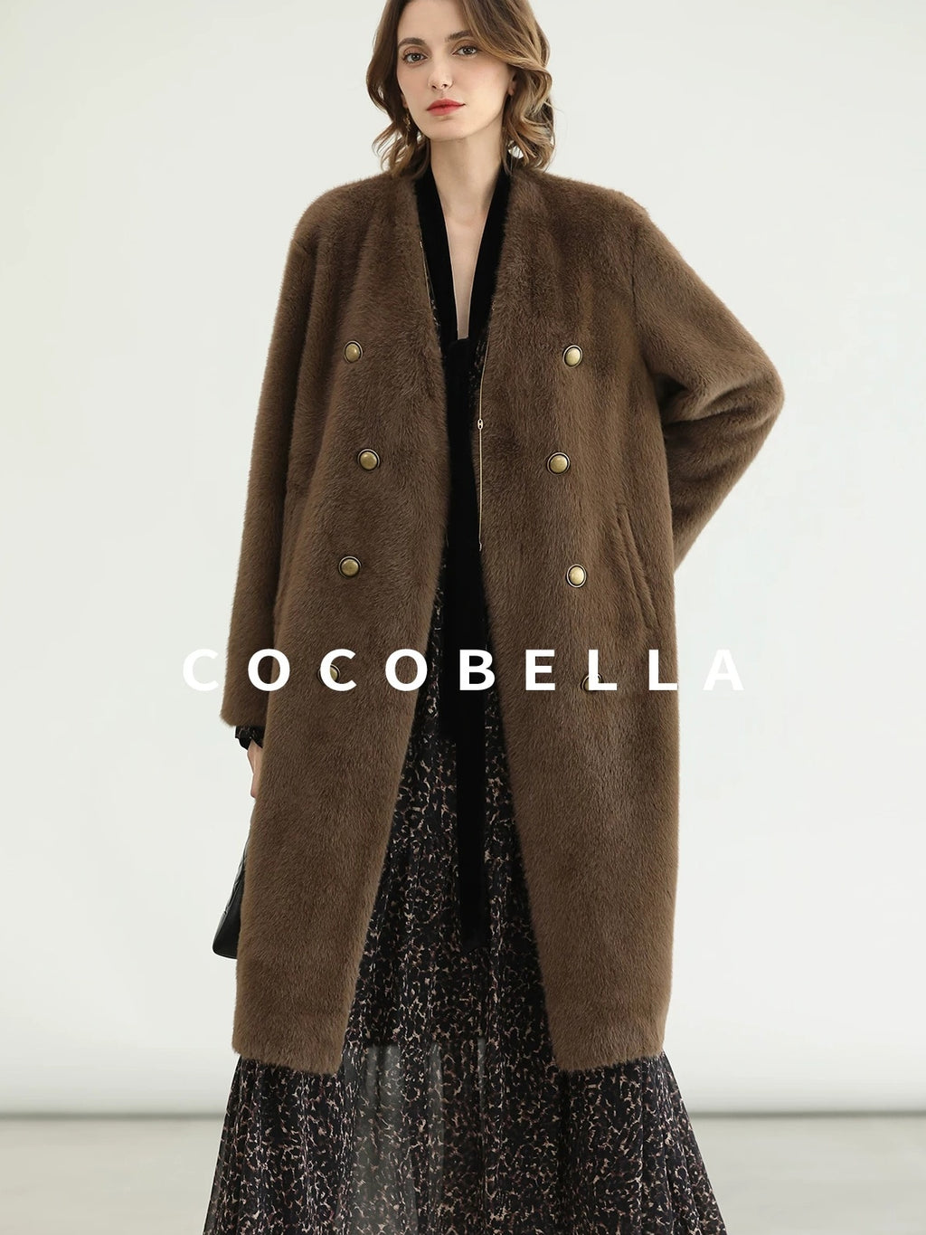 COCOBELLA Thick Faux Fur Vintage Straight Midlength V Neck Women Chocolate Coats