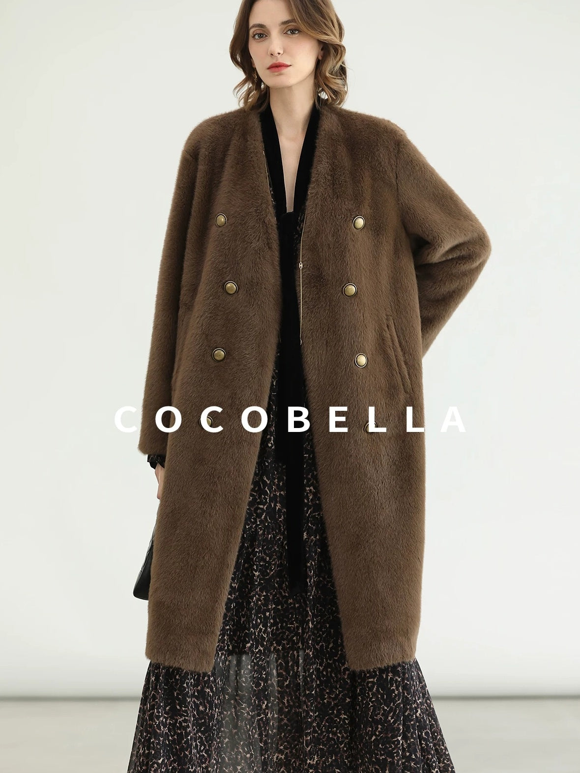COCOBELLA Thick Faux Fur Vintage Straight Midlength V Neck Women Chocolate Coats