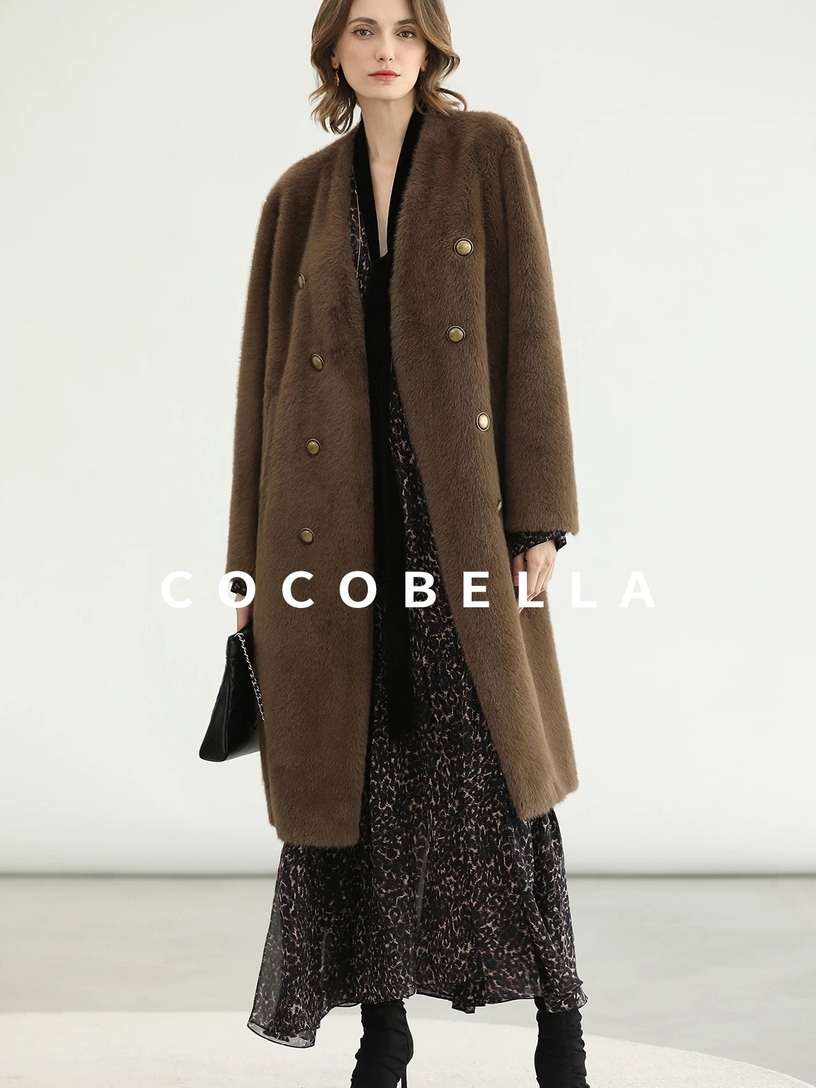 COCOBELLA Thick Faux Fur Vintage Straight Midlength V Neck Women Chocolate Coats