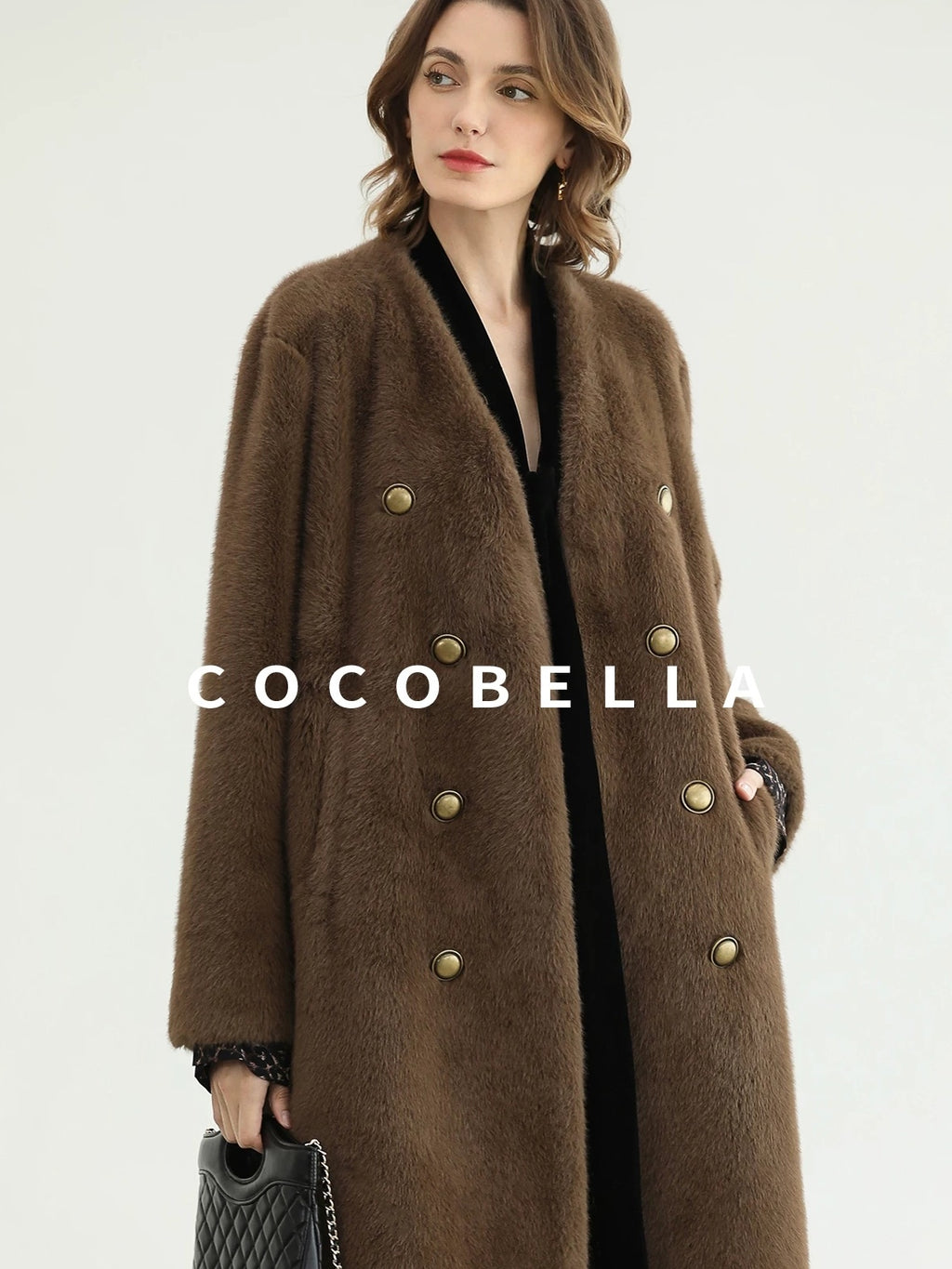 COCOBELLA Thick Faux Fur Vintage Straight Midlength V Neck Women Chocolate Coats