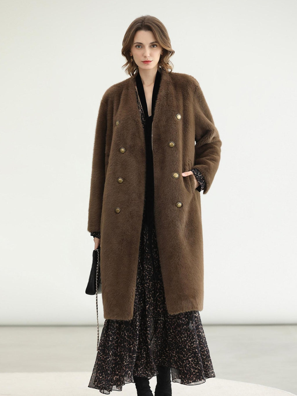 COCOBELLA Thick Faux Fur Vintage Straight Midlength V Neck Women Chocolate Coats
