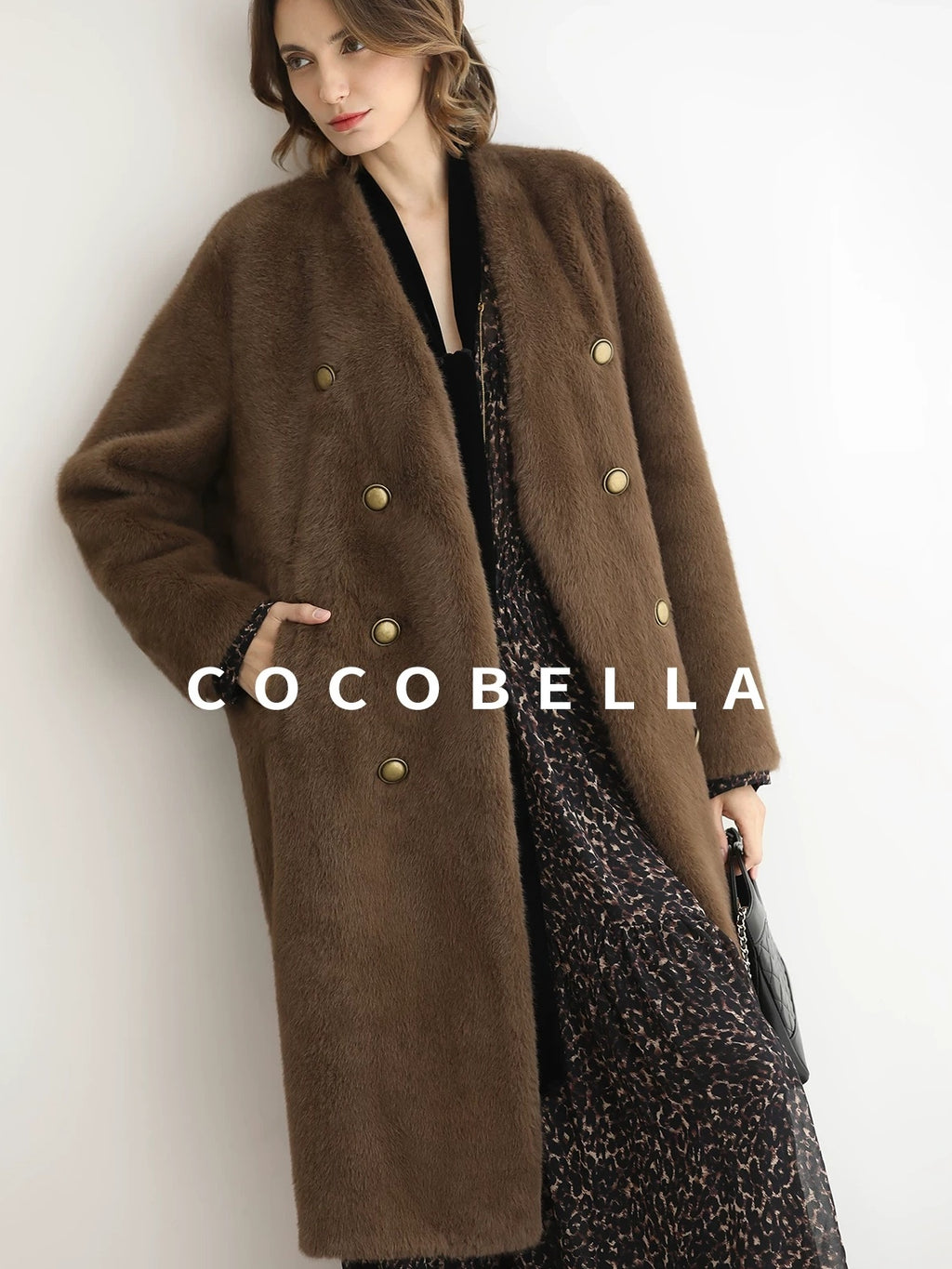 COCOBELLA Thick Faux Fur Vintage Straight Midlength V Neck Women Chocolate Coats