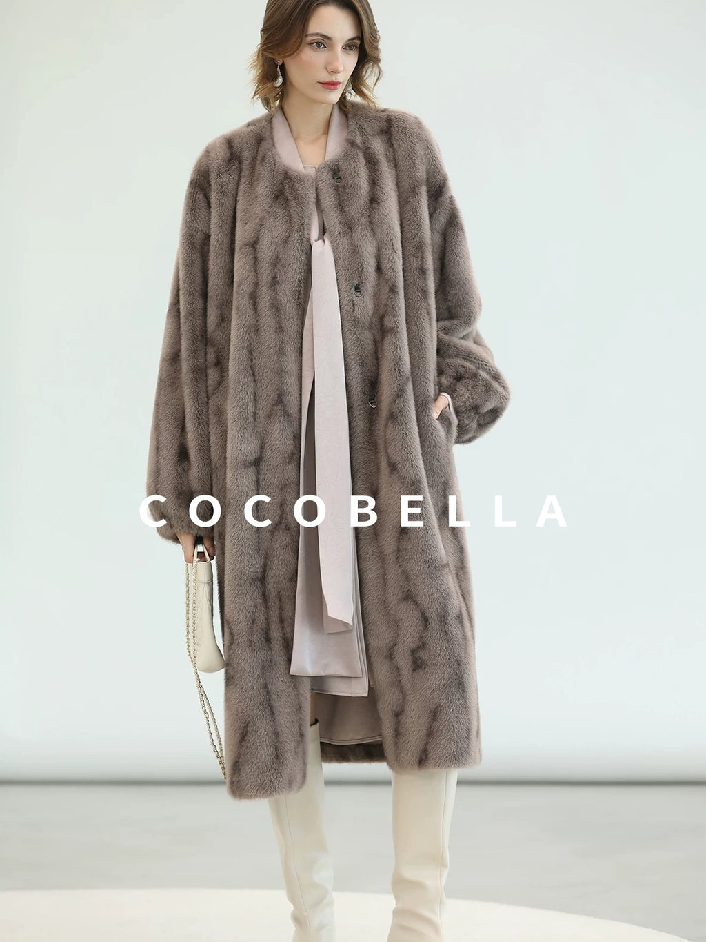 COCOBELLA Thick Long Loose Fit Round Neck Fur Panel Women Office Wool Overcoats Coats