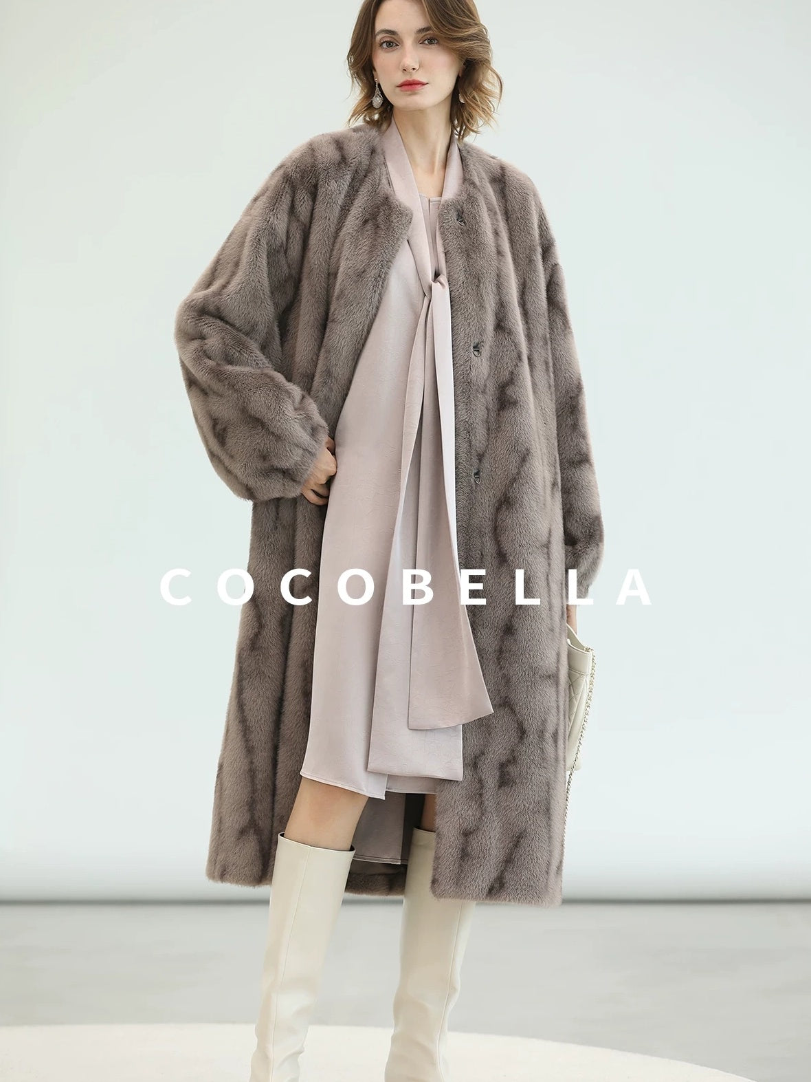 COCOBELLA Thick Long Loose Fit Round Neck Fur Panel Women Office Wool Overcoats Coats