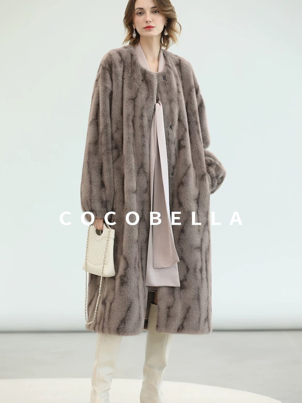 COCOBELLA Thick Long Loose Fit Round Neck Fur Panel Women Office Wool Overcoats Coats