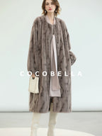 COCOBELLA Thick Long Loose Fit Round Neck Fur Panel Women Office Wool Overcoats Coats