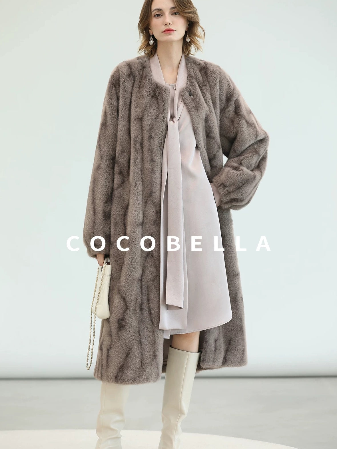 COCOBELLA Thick Long Loose Fit Round Neck Fur Panel Women Office Wool Overcoats Coats