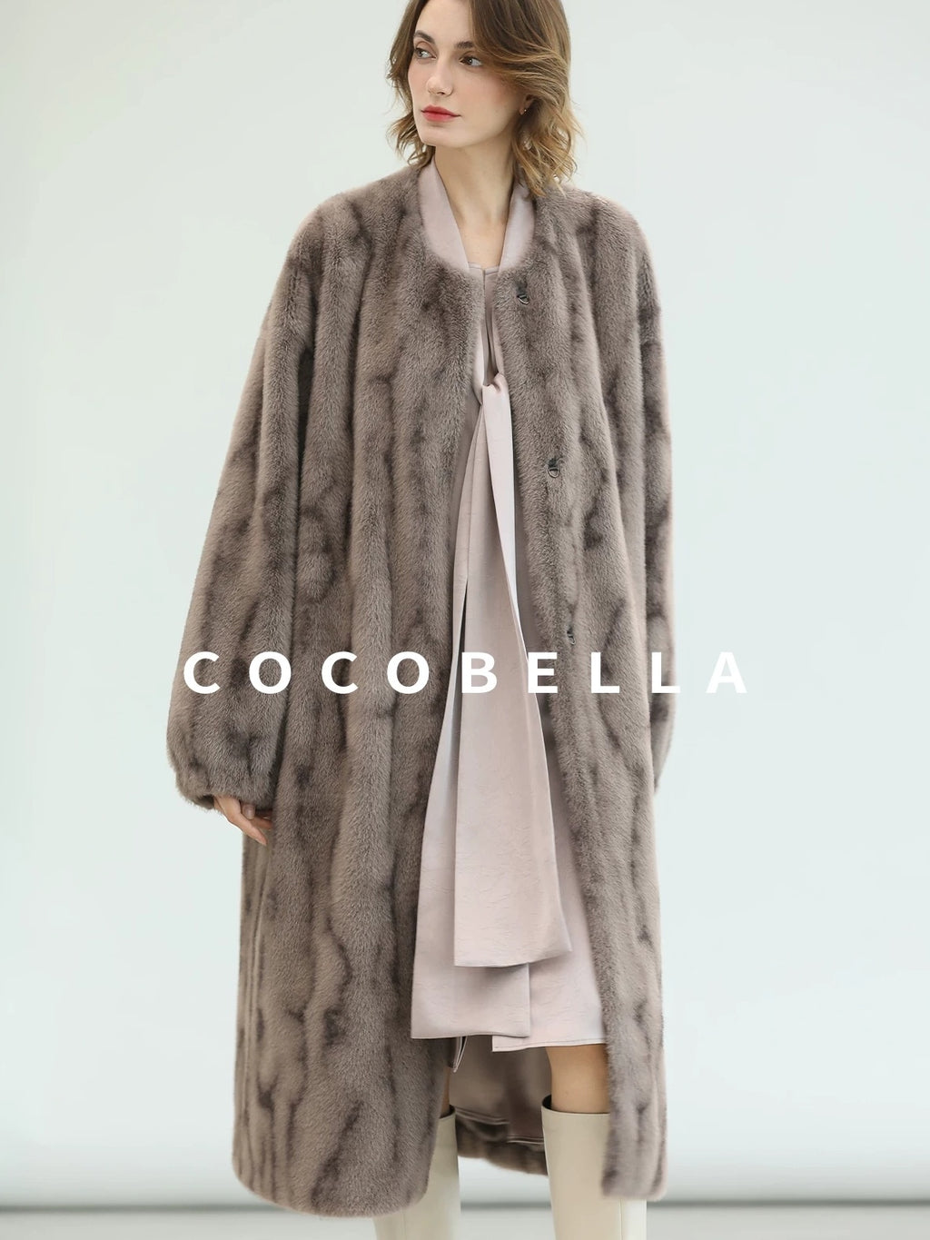 COCOBELLA Thick Long Loose Fit Round Neck Fur Panel Women Office Wool Overcoats Coats
