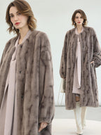 COCOBELLA Thick Long Loose Fit Round Neck Fur Panel Women Office Wool Overcoats Coats