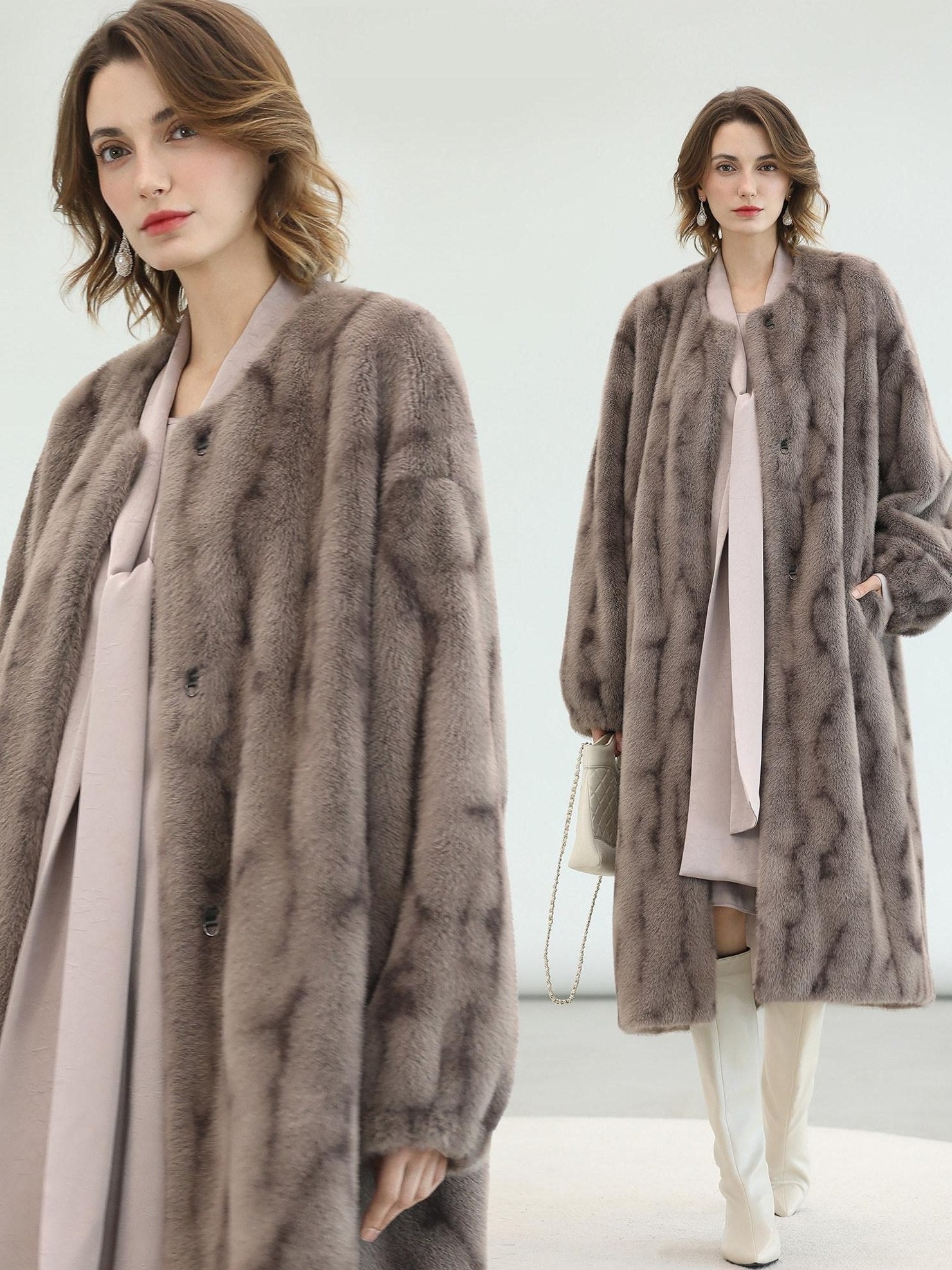 COCOBELLA Thick Long Loose Fit Round Neck Fur Panel Women Office Wool Overcoats Coats