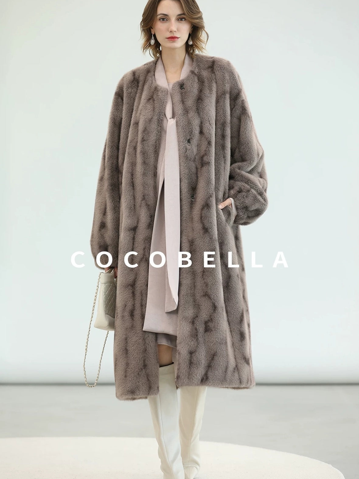 COCOBELLA Thick Long Loose Fit Round Neck Fur Panel Women Office Wool Overcoats Coats