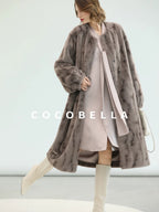COCOBELLA Thick Long Loose Fit Round Neck Fur Panel Women Office Wool Overcoats Coats