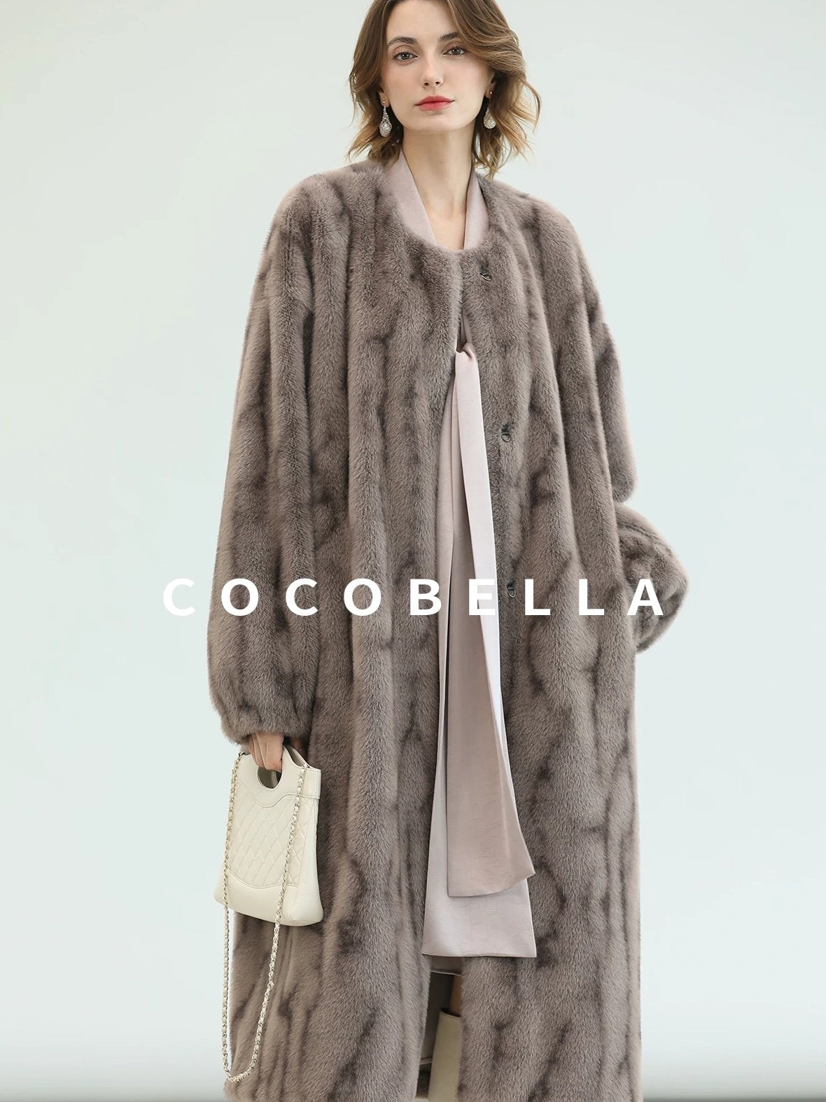 COCOBELLA Thick Long Loose Fit Round Neck Fur Panel Women Office Wool Overcoats Coats