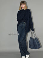COCOBELLA Thick Lurex Sequin Button Loose Fit Office Cardigan Knit Dark Navy Sweater