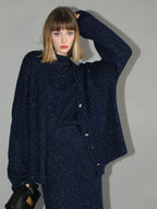 COCOBELLA Thick Lurex Sequin Button Loose Fit Office Cardigan Knit Dark Navy Sweater