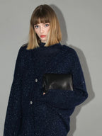 COCOBELLA Thick Lurex Sequin Button Loose Fit Office Cardigan Knit Dark Navy Sweater