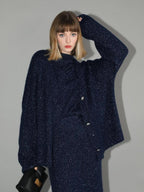 COCOBELLA Thick Lurex Sequin Button Loose Fit Office Cardigan Knit Dark Navy Sweater