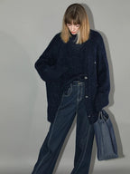 COCOBELLA Thick Lurex Sequin Button Loose Fit Office Cardigan Knit Dark Navy Sweater