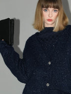 COCOBELLA Thick Lurex Sequin Button Loose Fit Office Cardigan Knit Dark Navy Sweater