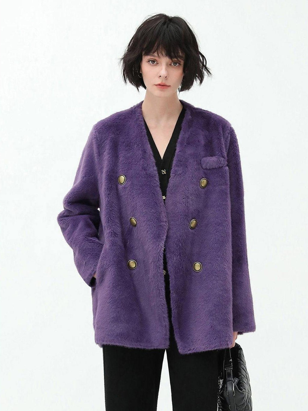 COCOBELLA Thick Plush V Neck Office Standard Fit Women Faux Fur Coats Jackets