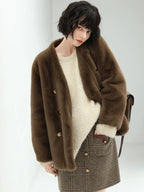 COCOBELLA Thick Plush V Neck Office Standard Fit Women Faux Fur Coats Jackets