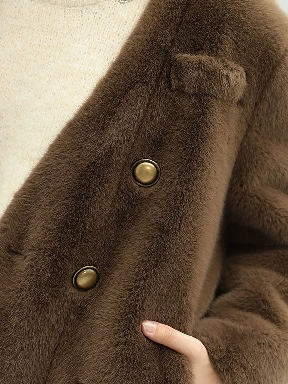 COCOBELLA Thick Plush V Neck Office Standard Fit Women Faux Fur Coats Jackets