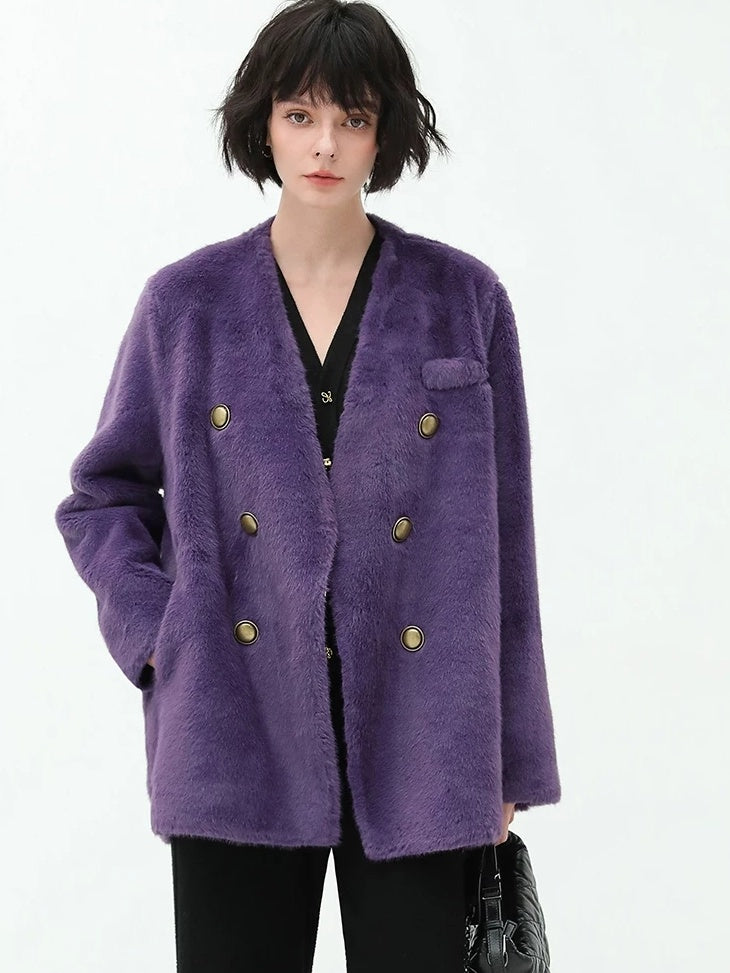COCOBELLA Thick Plush V Neck Office Standard Fit Women Faux Fur Coats Jackets
